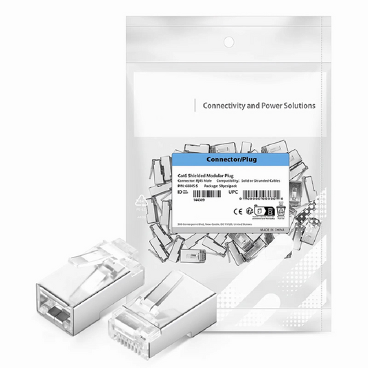 Refurb Squared Cat6 RJ45 Pass Through Modular Plugs, Shielded Network Connectors for 24AWG Twisted Pair Solid or Stranded Cable (50/Pack)