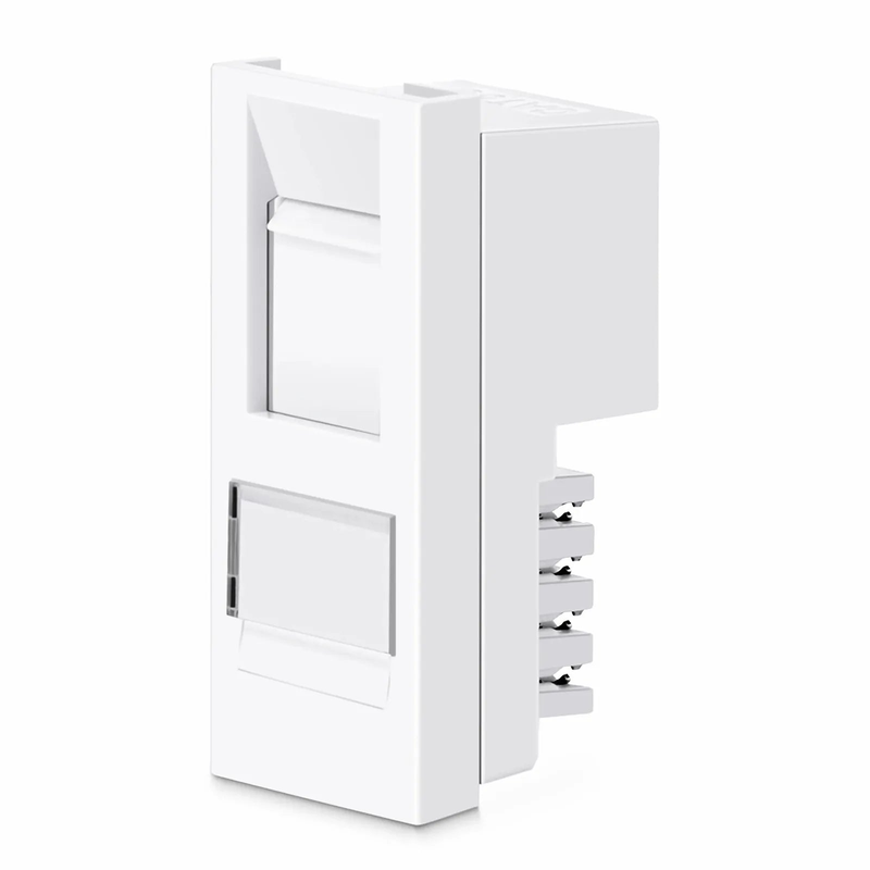 Refurb Squared British-Style Cat6 Shuttered Faceplate Frame Insert, Label Pockets, Flat, 1 Port, White, 1.97'' x 0.98''