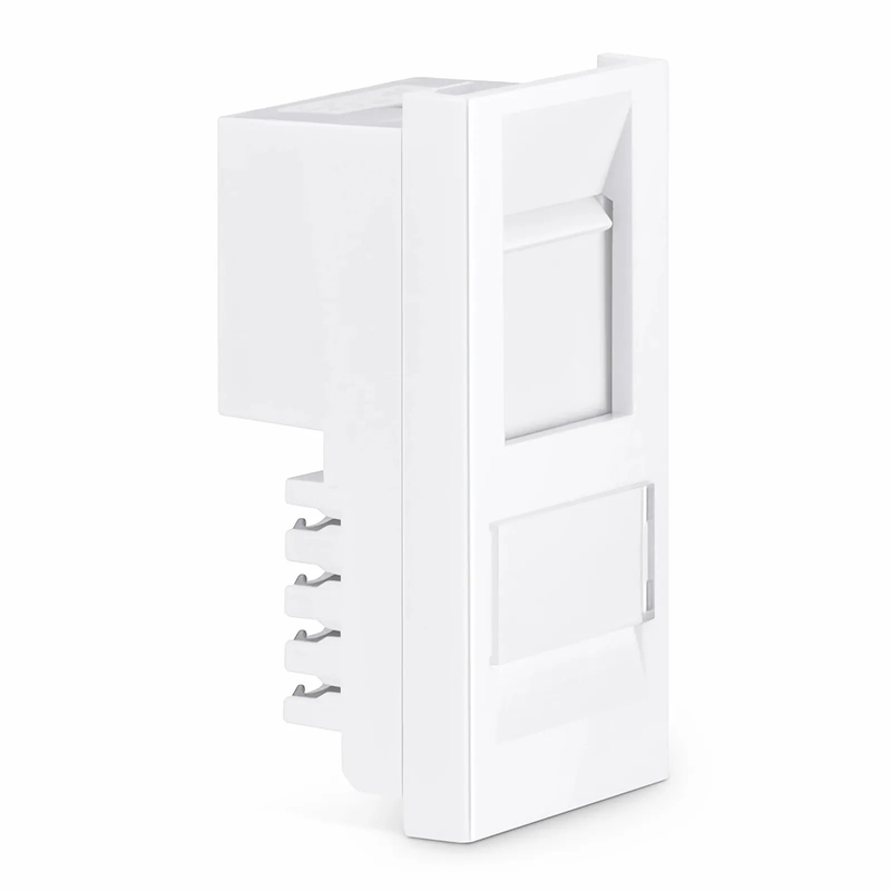 Refurb Squared British-Style Cat6 Shuttered Faceplate Frame Insert, Label Pockets, Flat, 1 Port, White, 1.97'' x 0.98''