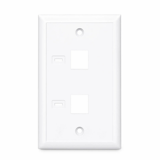Refurb Squared Single Gang Keystone Faceplate, Computer and Telephone Identification Icons, 2 Ports, White, 4.49'' x 2.76''