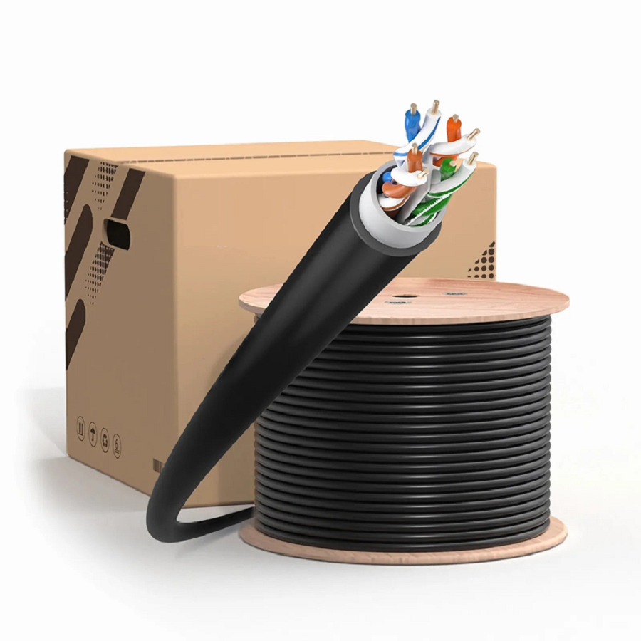 Refurb Squared Cat6 Outdoor Direct Burial Cable, 1000ft (305m), 23AWG Solid Pure Bare Copper, 550MHz, Unshielded (UTP), UV Rated PVC and LDPE Double Jackets, with Reel, Black