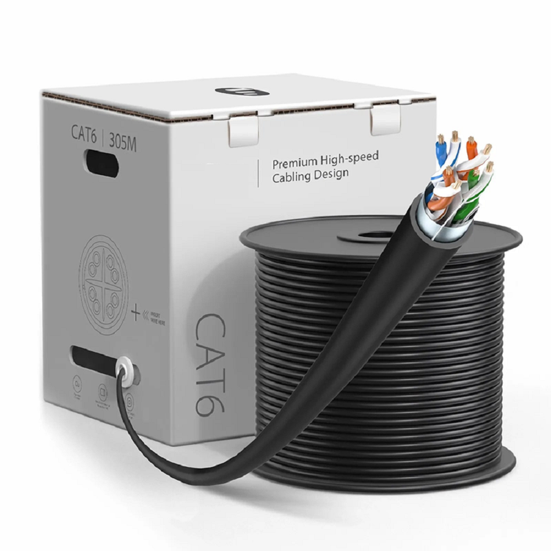 Refurb Squared Cat6 Ethernet Bulk Cable, 1000ft (305m), UL Listed, 26AWG Stranded Pure Bare Copper Wire, 550MHz, Shielded (F/UTP), PVC CM, with Reel (Black)