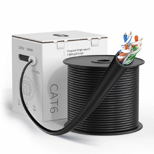 Refurb Squared Cat6 Ethernet Bulk Cable, 1000ft (305m), UL Listed, 23AWG Solid Pure Bare Copper Wire, 550MHz, Unshielded (UTP), PVC CMR, with Reel (Black)