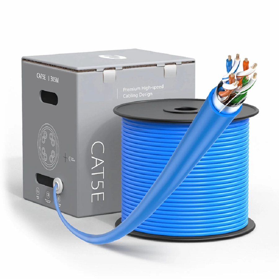 Refurb Squared Cat5e Ethernet Bulk Cable, 1000ft (305m), UL Listed, 26AWG Stranded Pure Bare Copper Wire, 350MHz, Shielded (F/UTP), PVC CM, with Reel (Blue)