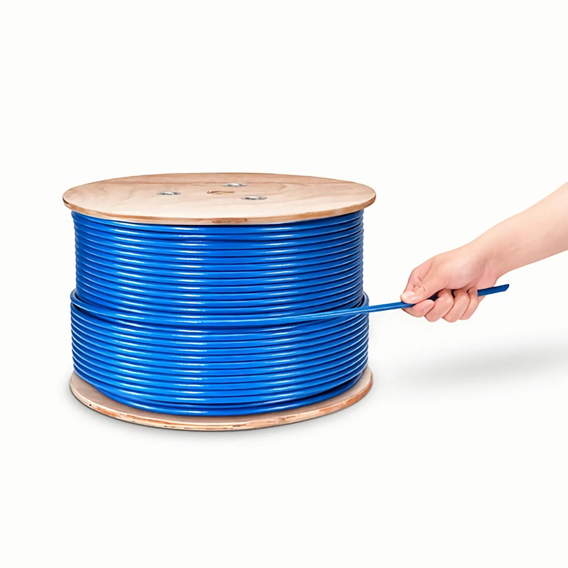 Refurb Squared Cat6a Ethernet Bulk Cable, 1000ft (305m), 23AWG Solid Pure Bare Copper Wire, 750MHz, Shielded (S/FTP), PVC CMR, with Reel (Blue)