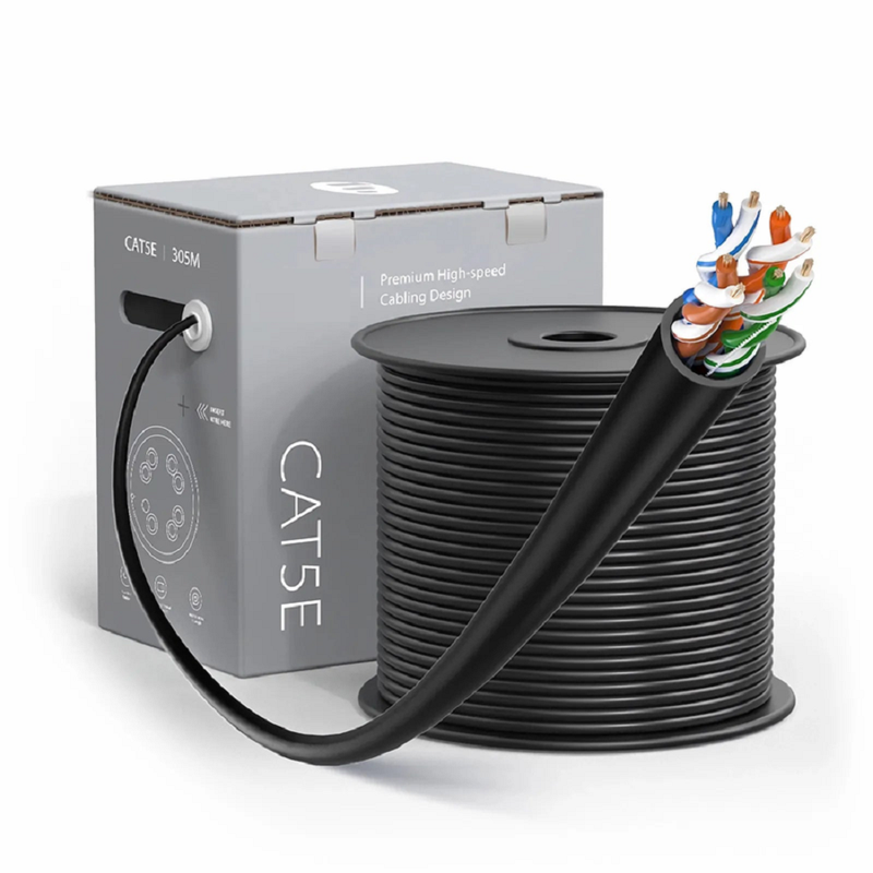 Refurb Squared Cat5e Ethernet Bulk Cable, 1000ft (305m), UL Listed, 24AWG Stranded Pure Bare Copper Wire, 350MHz, Unshielded (UTP), PVC CM, with Reel (Black)