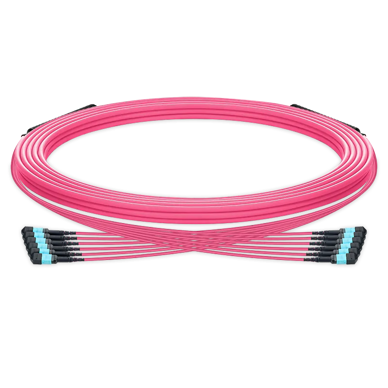 45m (148ft) Pre-terminated MPO trunk cable, 72 Fibers, 6 x MPO-12 UPC (Male) to 6 x MPO-12 UPC (Male) Multimode (OM4) Type B, LSZHÃƒÂ¯Ã‚Â¼Ã‹â€ OFNRÃƒÂ¯Ã‚Â¼Ã¢â‚¬Â°, 0.35dB Max, Magenta, breakout 80cm SFPS