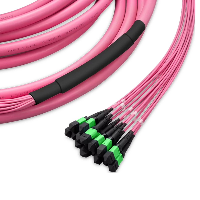 5m (16ft) Pre-terminated MPO Trunk Cable, 192 Fibers, 24 x MPO-8 APC (Male) to 24 x MPO-8 APC (Male) Multimode (OM4) Type B, LSZH, 0.35dB Max, Breakout 80cm, Double Jacket, Magenta SFPS