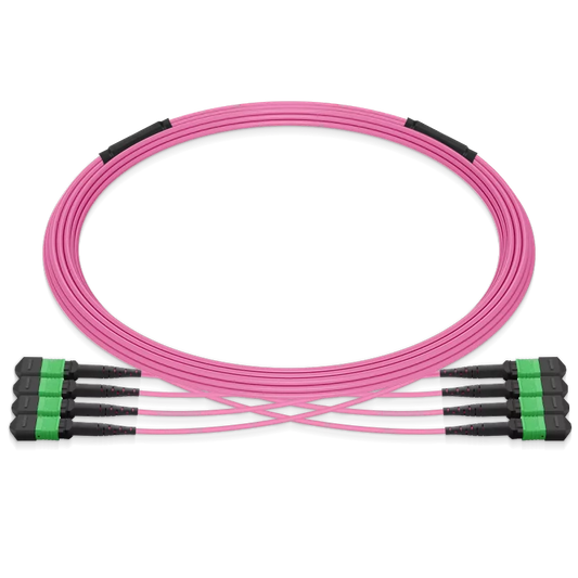15m (49ft) Pre-terminated MPO 4x4 Shuffle Trunk Cable, 32 Fibers, 4xMPO-8 APC (Male) to 4xMPO-8 APC (Male), Multimode (OM4), Type 4, LSZH, 0.35dB Max, Breakout 80cm, Magenta SFPS