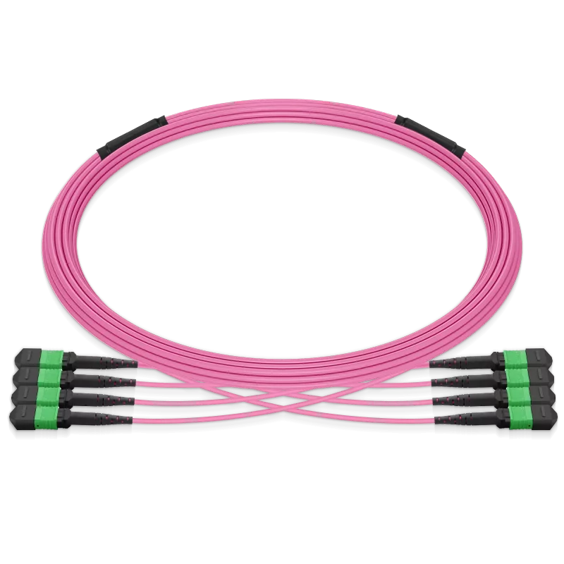 40m (131ft) Pre-terminated MPO 4x4 Shuffle Trunk Cable, 32 Fibers, 4xMPO-8 APC (Male) to 4xMPO-8 APC (Male), Multimode (OM4), Type 4, LSZH, 0.35dB Max, Breakout 80cm, Magenta SFPS