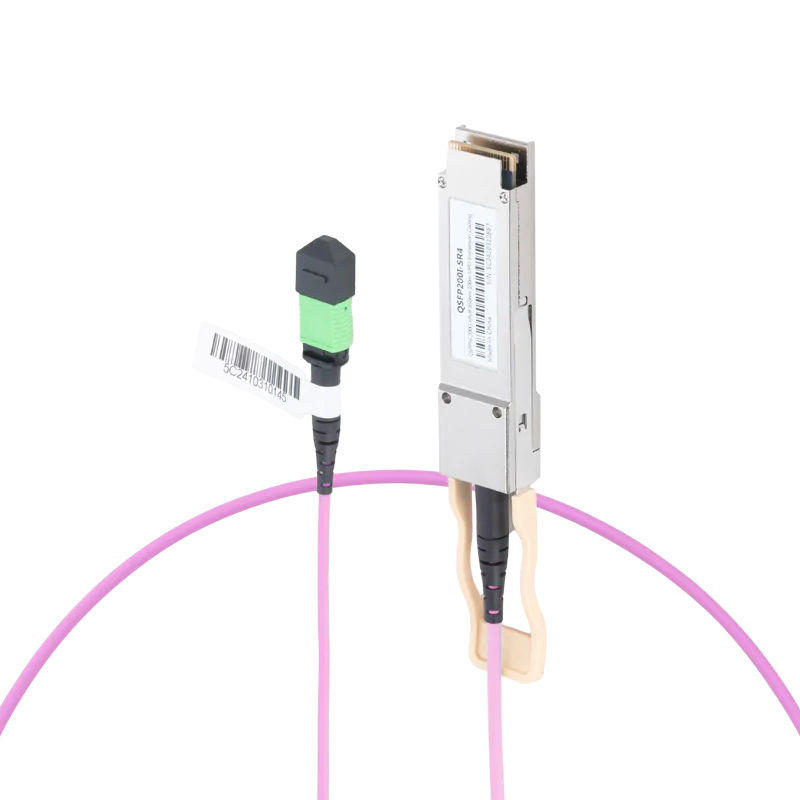 NVIDIA/Mellanox Compatible 200GBASE-SR4 QSFP56 PAM4 850nm 100m DOM Immersion Cooling Transceiver for MMF with 5m MPO-12/APC OM4 Erika Violet/Magenta Female Type A Pigtail SFPS